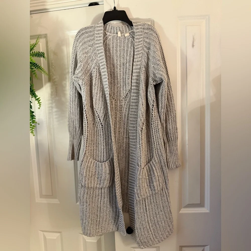 Anthro Moth Grey Open Front Chunky Knit Long Cardigan Cotton/Cashmere Blend SzS - Picture 10 of 15